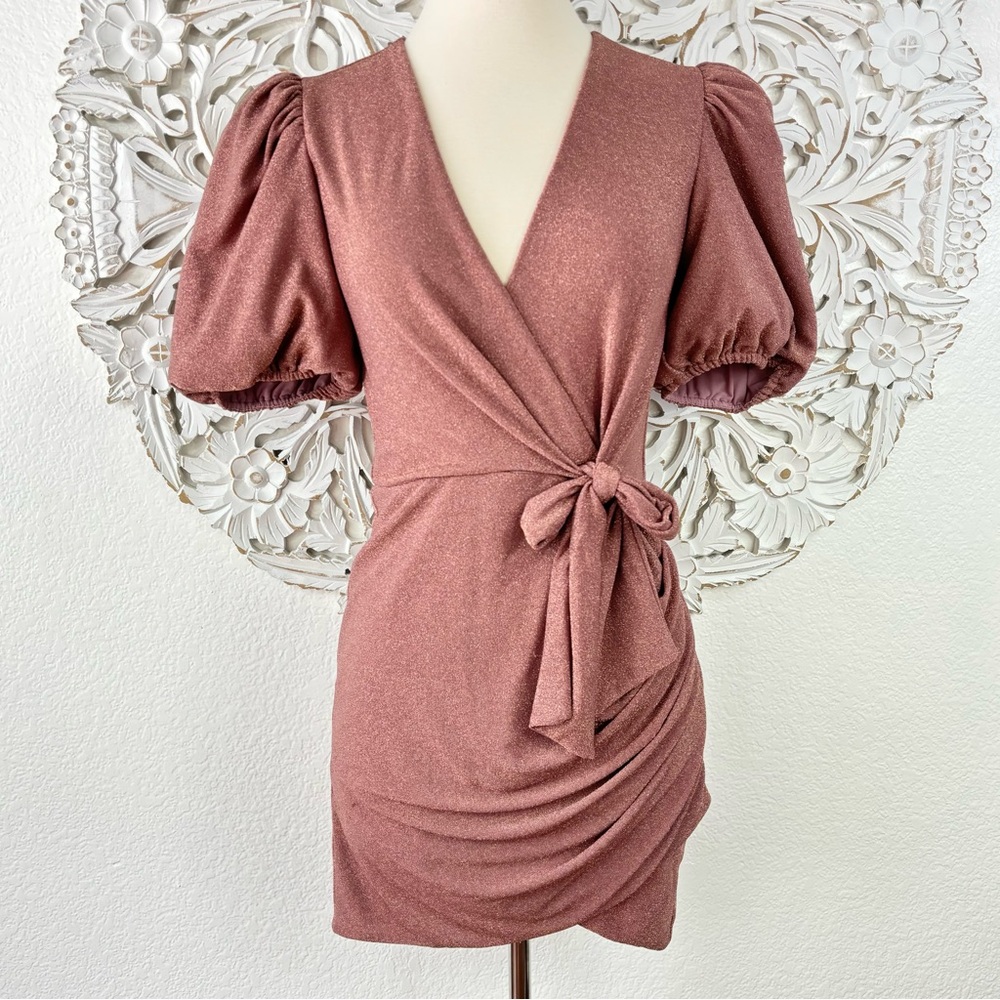 {Saylor} Deb Stretch Metallic Mini Dress, Rose, Size S